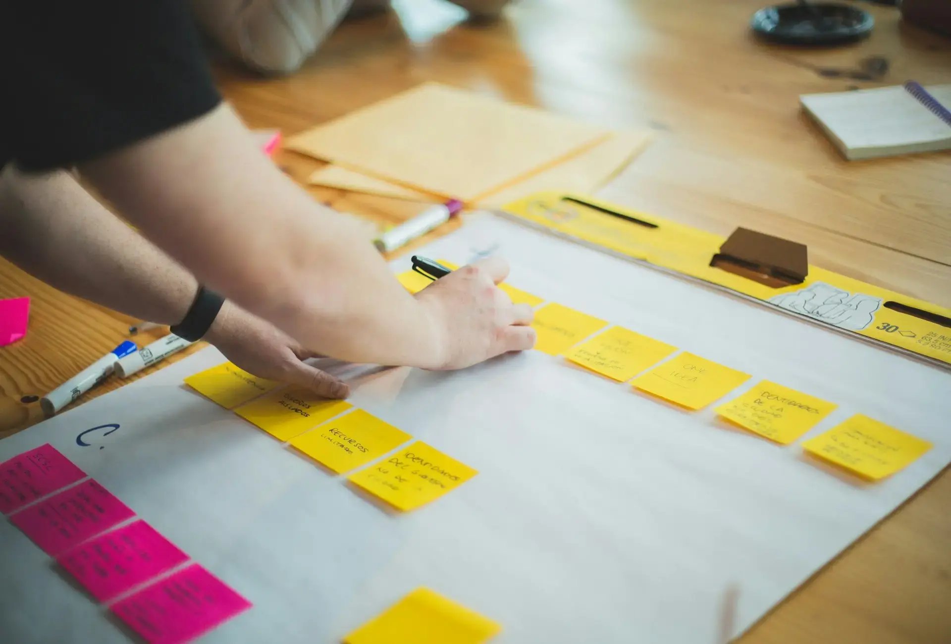 Des post it sur une grande feuille sur un bureau